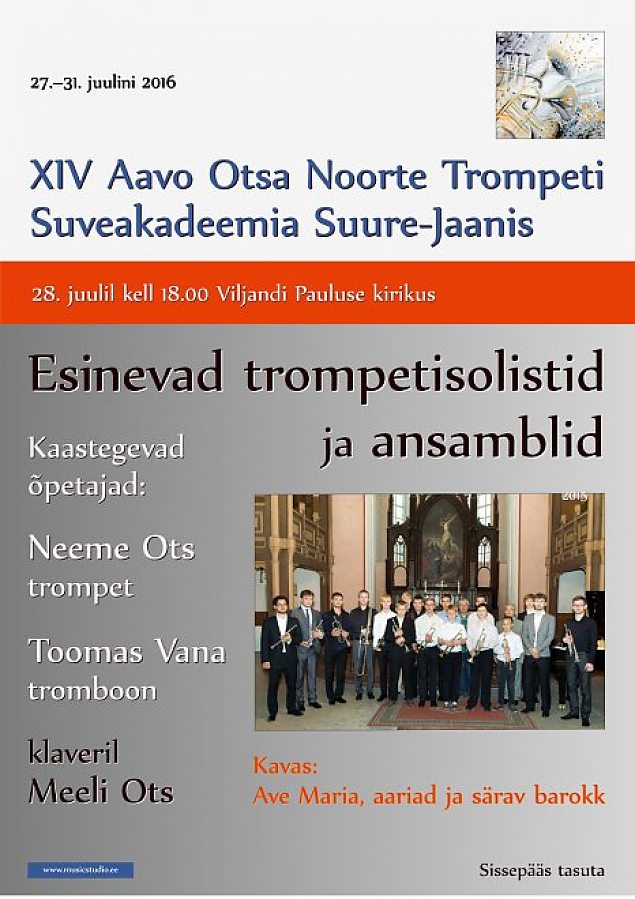 28. juulil kell 18.00 XIV Aavo Otsa Noorte Suveakadeemia kontsert Viljandi Pauluse kirikus.
